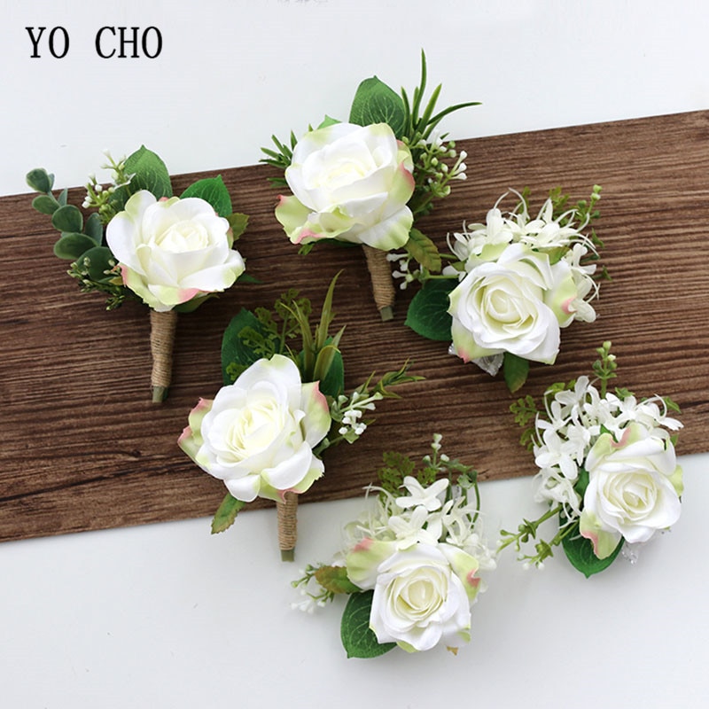 YO CHO White Silk Roses Corsages Boutonnieres Wedding Decoration Marriage Rose Wrist Corsage Pin Boutonniere Flowers for Guests