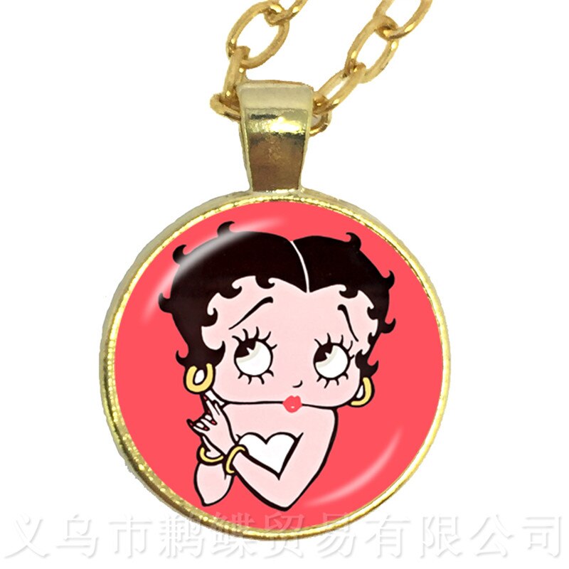 Betty Boop Series Pattern Round Glass Dome Cabochon Classic Pendant Necklace For Betty Funs Gift Sweater chain