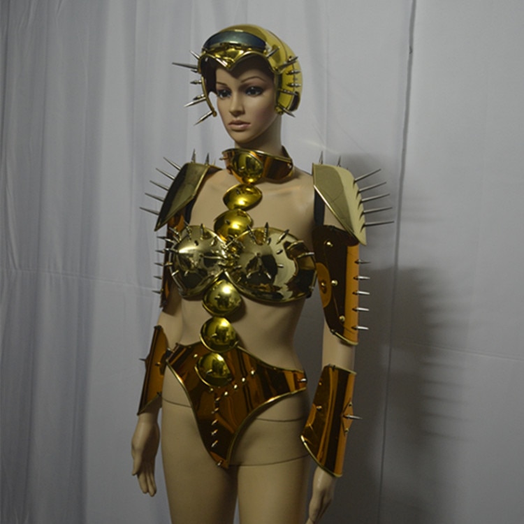 Gold mirror robot suit Space show future technology Sexy armor women stage catwalk wears performance bodysuit dj costume