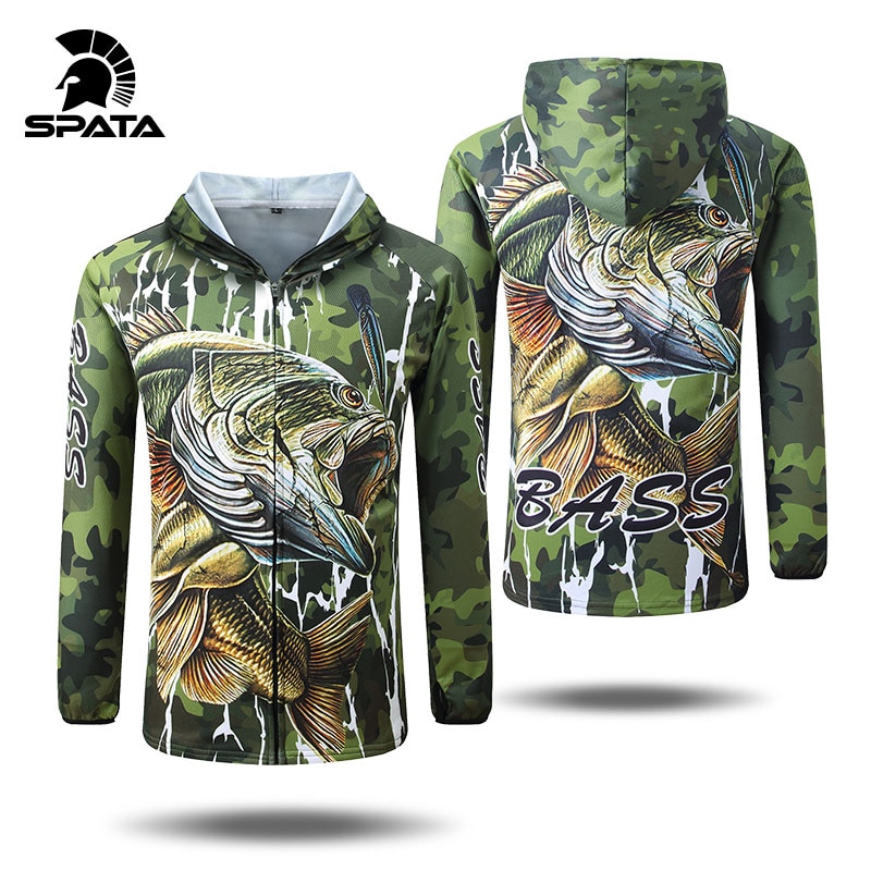 SPATA New BASS Fishing t Shirts Anti-UV Sun Protection Long Sleeve Men Breathable Camouflage Fishing Sets Shirt Clothing Clothes