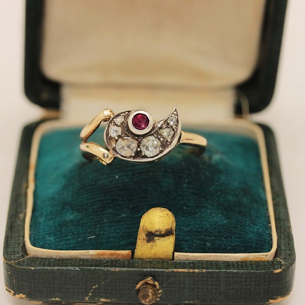 ANTIQUE ORIGINAL OTTOMAN HANDMADE VAV STYLE DIAMOND AND RUBY DECORATED RING Antique rings
