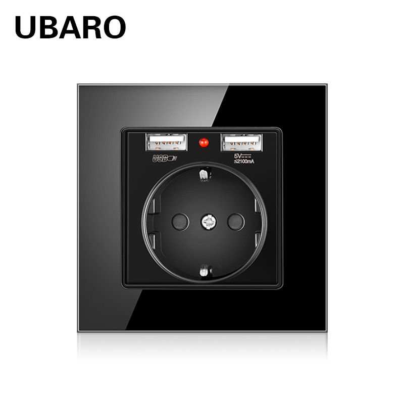 UBARO German Standard Ac100-250V 16A Crystal Glass Panel Usb Socket Electrical Plug Power Socket Prise Usb 5V 2100mA Wall Socket