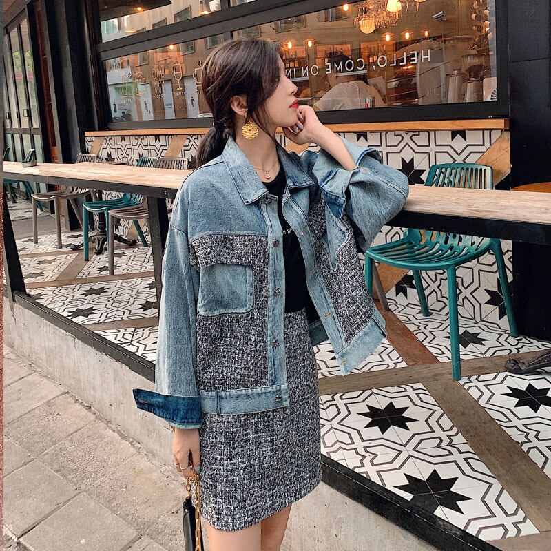 Small Fragrance Suit Women's Spring and Autumn New Style Fashion Jeans Splicing Net Red Top Short Skirt Two Piece Fashion 2020