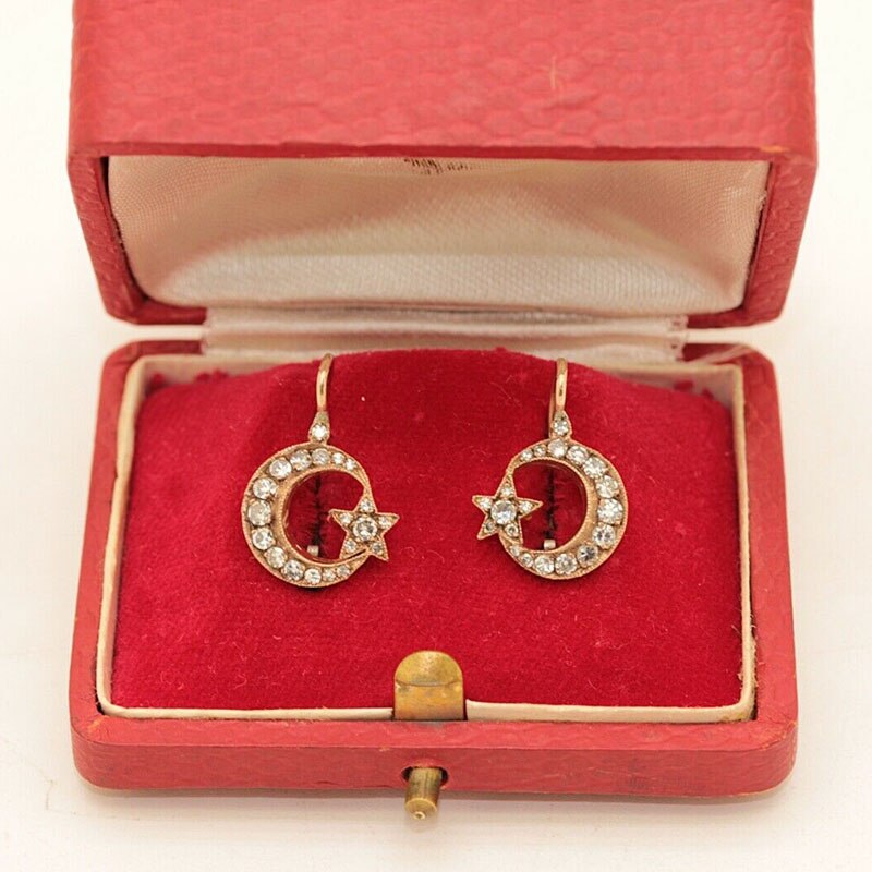 ANTIQUE OTTOMAN STYLE NEW 8K GOLD DIAMOND DECORATED MOONSTAR DESING EARRING