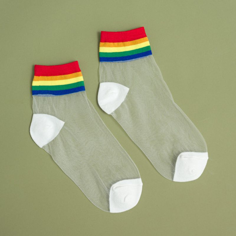 Korean Glass Fiber Mid Tube Socks Bright Rainbow Stripes Candy Colored Transparent Harajuku Hip Hop Hipster Street Hosiery