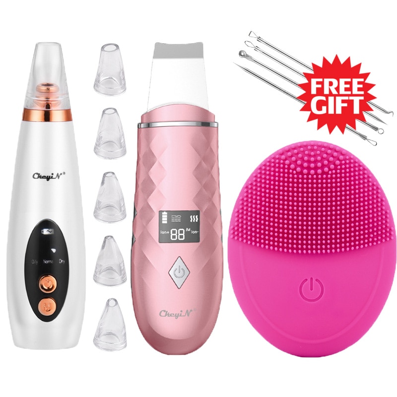 Professional Face Cleansing Kit Vacuum Blackhead Remover Ultrasonic Skin Scrubber Silicone Facial Brush Electric Face Clean Set