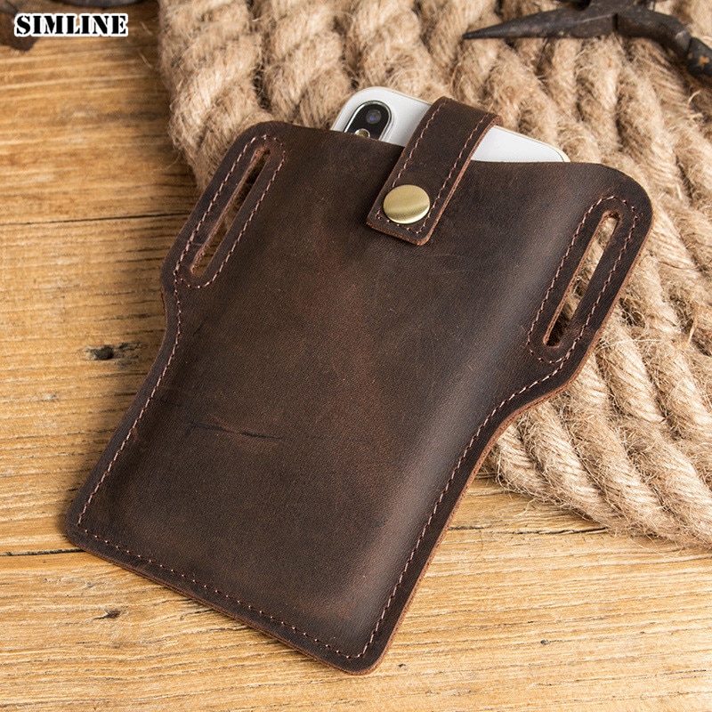 100% Genuine Leather Cellphone Belt Waist Bag For Men Male Vintage Handmade Loop Holster Mobile Phone Cover Case Holder Bags Man