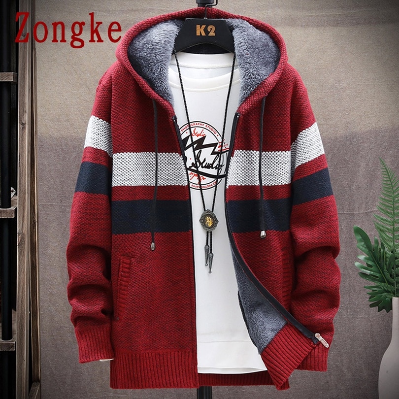 Zongke Winter Cardigan Sweater Men Coats Thick Hooded Cardigan Men Sweater Striped Mens Clothes Sweaters Cardigans 2021 M-3XL