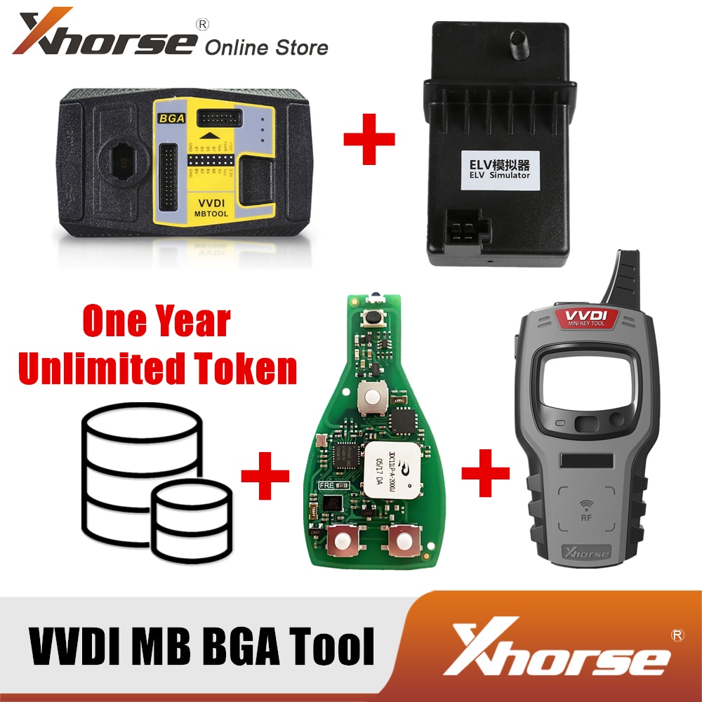 Xhorse V5.0.5 VVDI MB Tool For Benz Key Programmer Get 1 Year Unlimited Token+Mini Key Tool+Xhorse Keyless Go PCB+ELV Simulator