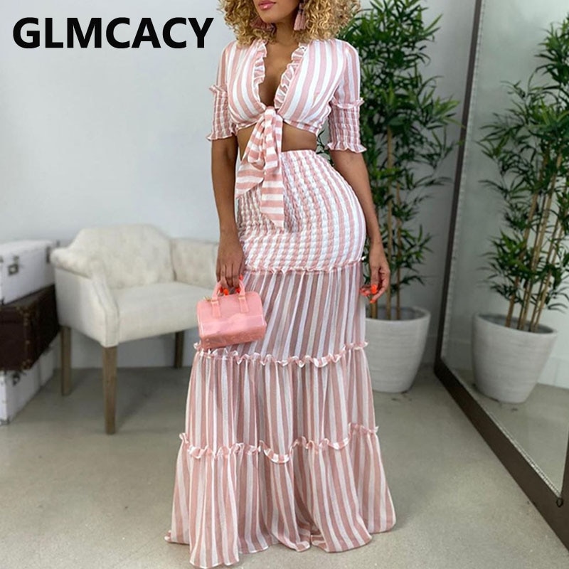 Women Stripes Two Piece Dress Sets Suits Short Sleeve Tie Front Top and Long Maxi Skirt Set