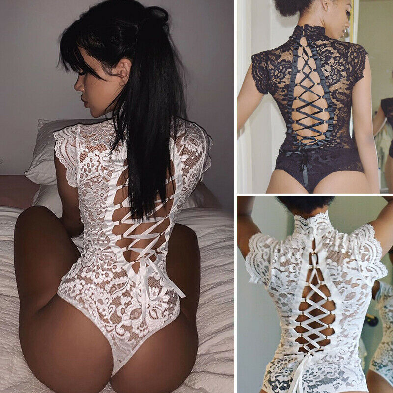 Women's Sexy Full Lace See-through Halter Jumpsuit Cheongsam High Turtleneck Backless Hollow out Nightwear Erotic Bodysuits