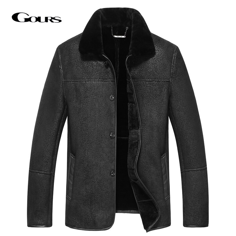 Gours Men's Winter Real Leather Jackets Black Genuine Sheepskin Shearling Coat with Natural Wool Lining Warm Plus Size GSJF1872