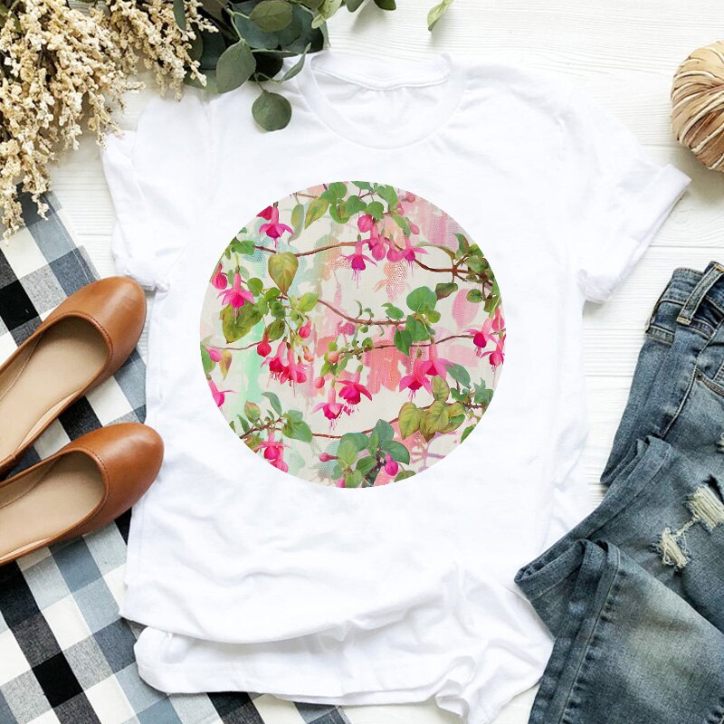 Women T Shirt Floral Flower Print Tshirt Women Short Sleeve O Neck Loose T-shirt Ladies Summer Causal Tee Shirt Clothes Tops