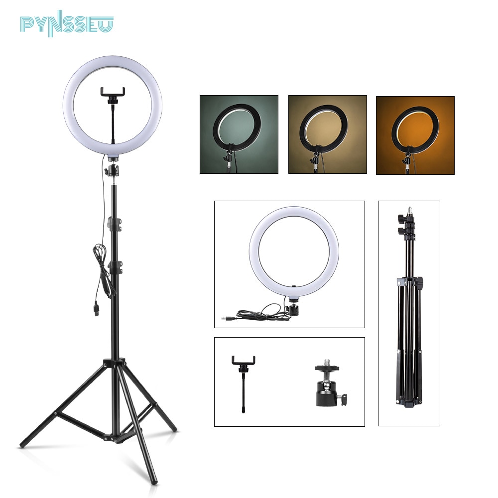 PYNSSEU 26cm LED Ring Light with 1.1/1.6/2.0M Light Ring Stand Dimmable 10" Selfie Ring Lamp with Phone Clip for Youtube Makeup