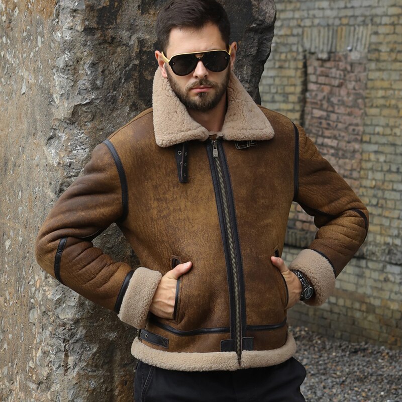 New Shearling Coat Mens B3 Bomber Jacket Lapel Fur Coat Brown Leather Jacket Short Mens Winter Coats