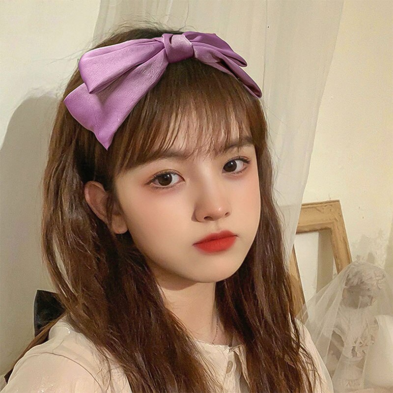 Korean Two Layers Bowknot Hairpins Elastic Rubber Bands Girls Head Hoop Big Bow Headband Hair Hoop Hair Clip Solid Purple Beige
