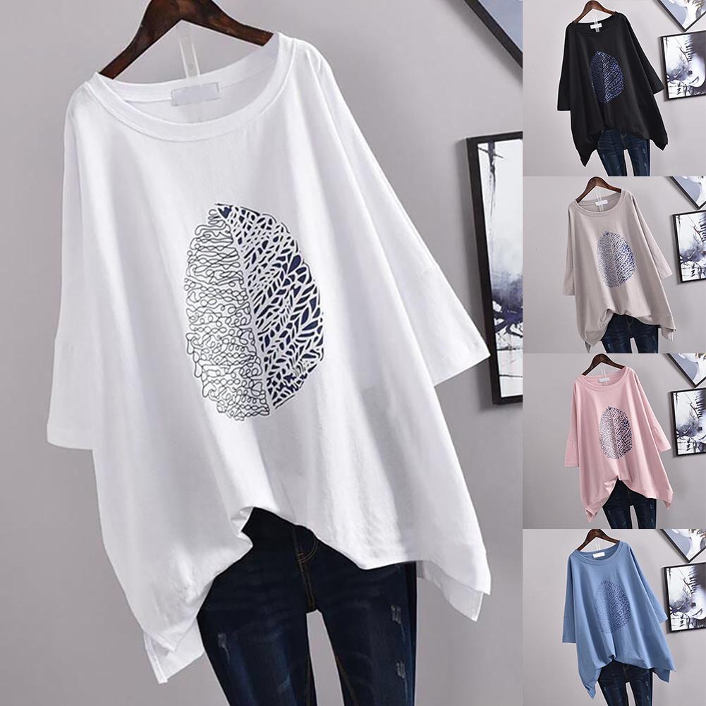 Women Casual 3/4 Sleeve O Neck Leaf Print High Low Hem Loose Blouse Top Blouse women's Blouse top female woman cloth Blouse