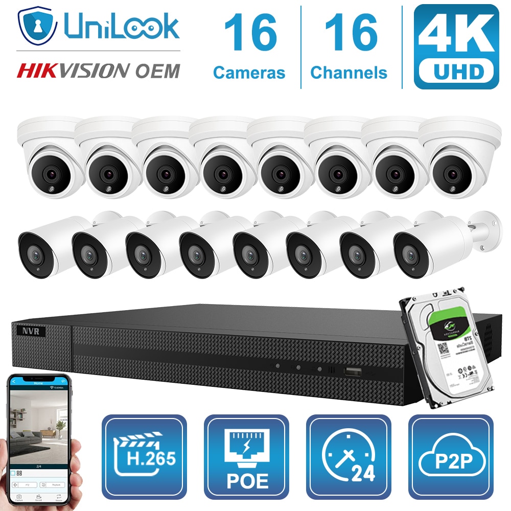 UnILook 16CH NVR 16Pcs 4K 8MP Bullet Turret Mixed POE IP Camera NVR Kit Security Audio Night Vision 30m Onvif H.265 P2P View