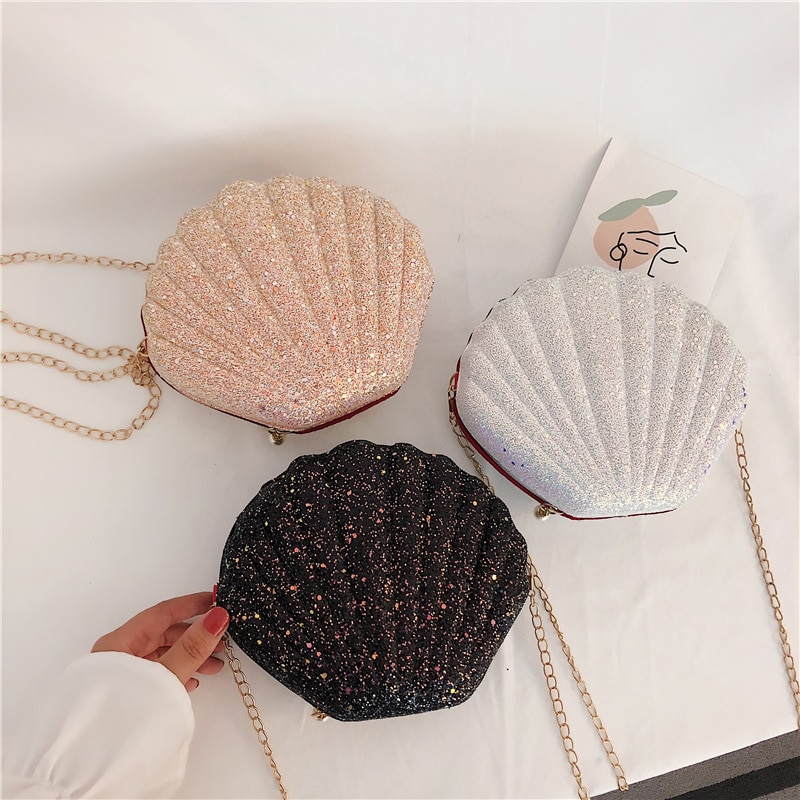 Women Shoulder Handbags Shell Bag Chain Cute Sequins Small Bag Phone Money Pouch Zipper Crossbody Bags for Women Bolsa Feminina