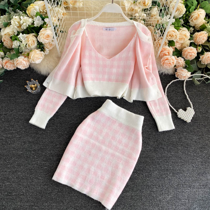 Korean Sweet Knit Plaid Cardigans + Camisole + Skirts 3pcs Sets Girls Short Sweater Coat + Vest + Mini Skirt Suits Women Outfits