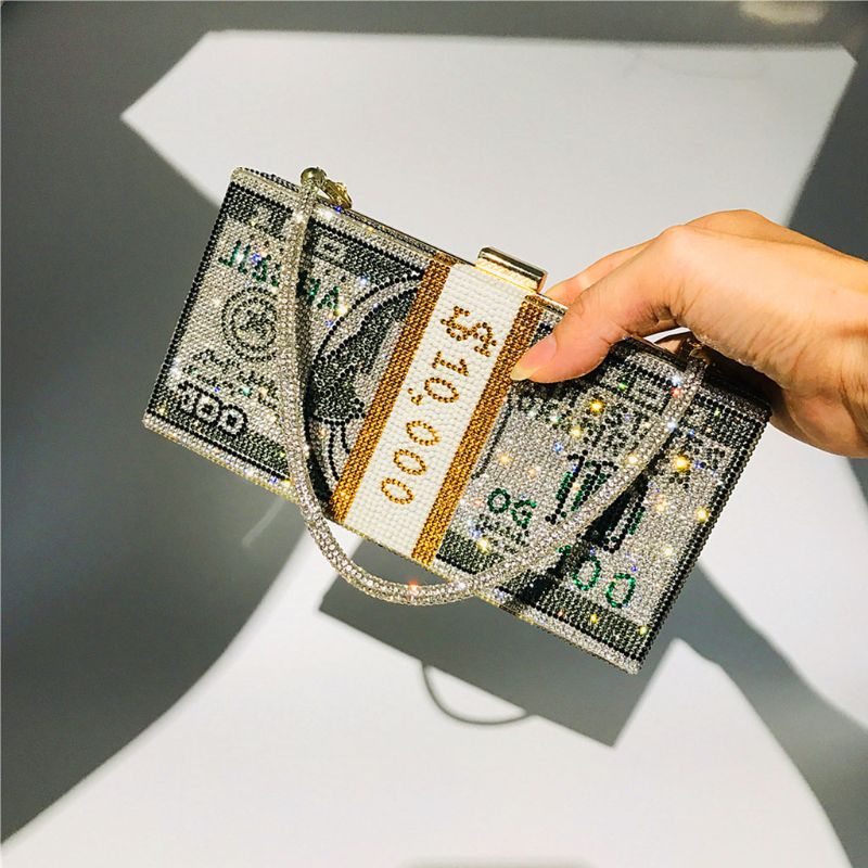 Money Clutch Rhinestone Purse 10000 Dollars Stack of Cash Evening Handbags Shoulder Wedding Dinner Bag 8 Color