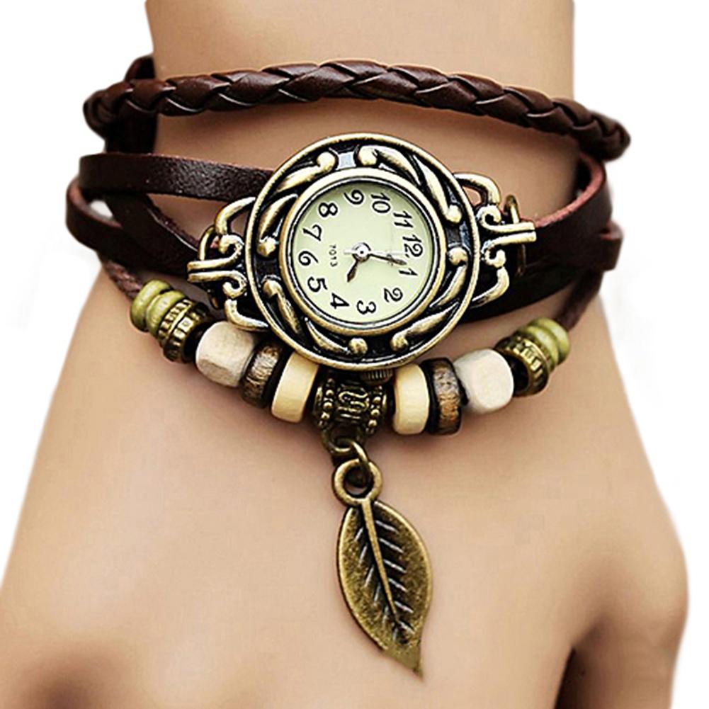 Women Retro Faux Leather Bracelet Tree Leaf Decoration Quartz Wrist Watch