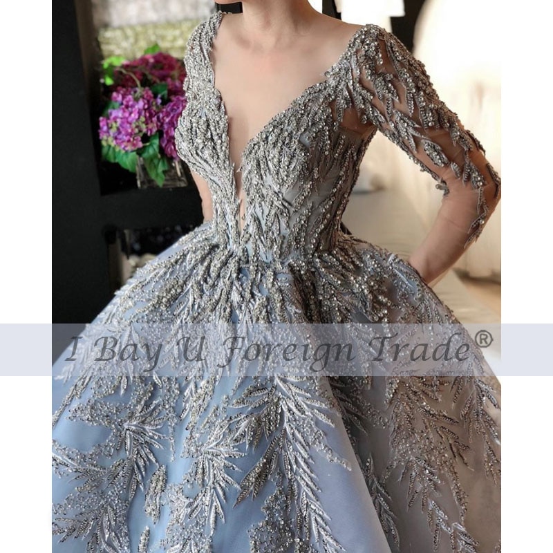 Luxury Lace Grey Purple Full Beaded Ball Gown Wedding Dress 2021 Vintage V Neck Plus Size Bridal Gown with 300cm Veil