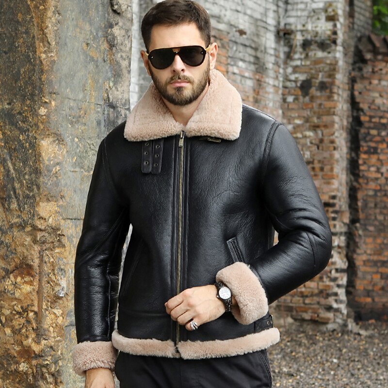 New Mens B3 Shearling Coat Black Leather Jacket Short Motorcycle Jacket Thicken Fur Coat Sheepskin Coat