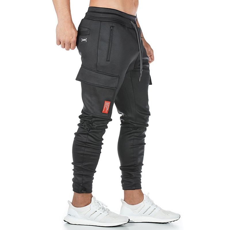 Men's fashion knitting fitness sweatpants outdoor gym running training slacks multi-pocket jogging squats cargo pants