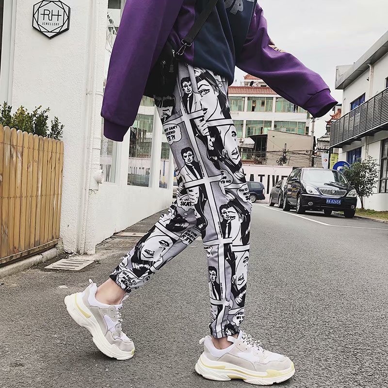 Man's Fashion Cartoon Comics Print Pants Loose Sport Casual Drawstring Elastic High Waist Joggers Pants Hip Hop Cropped Trousers