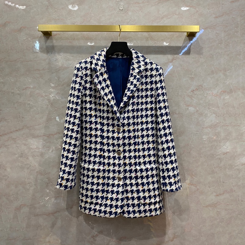 Spring Autumn 2021 New Designer Women's High quality 100% Silk Lining plaid tweed coat Chic Woomen elegant blazers jackets C374