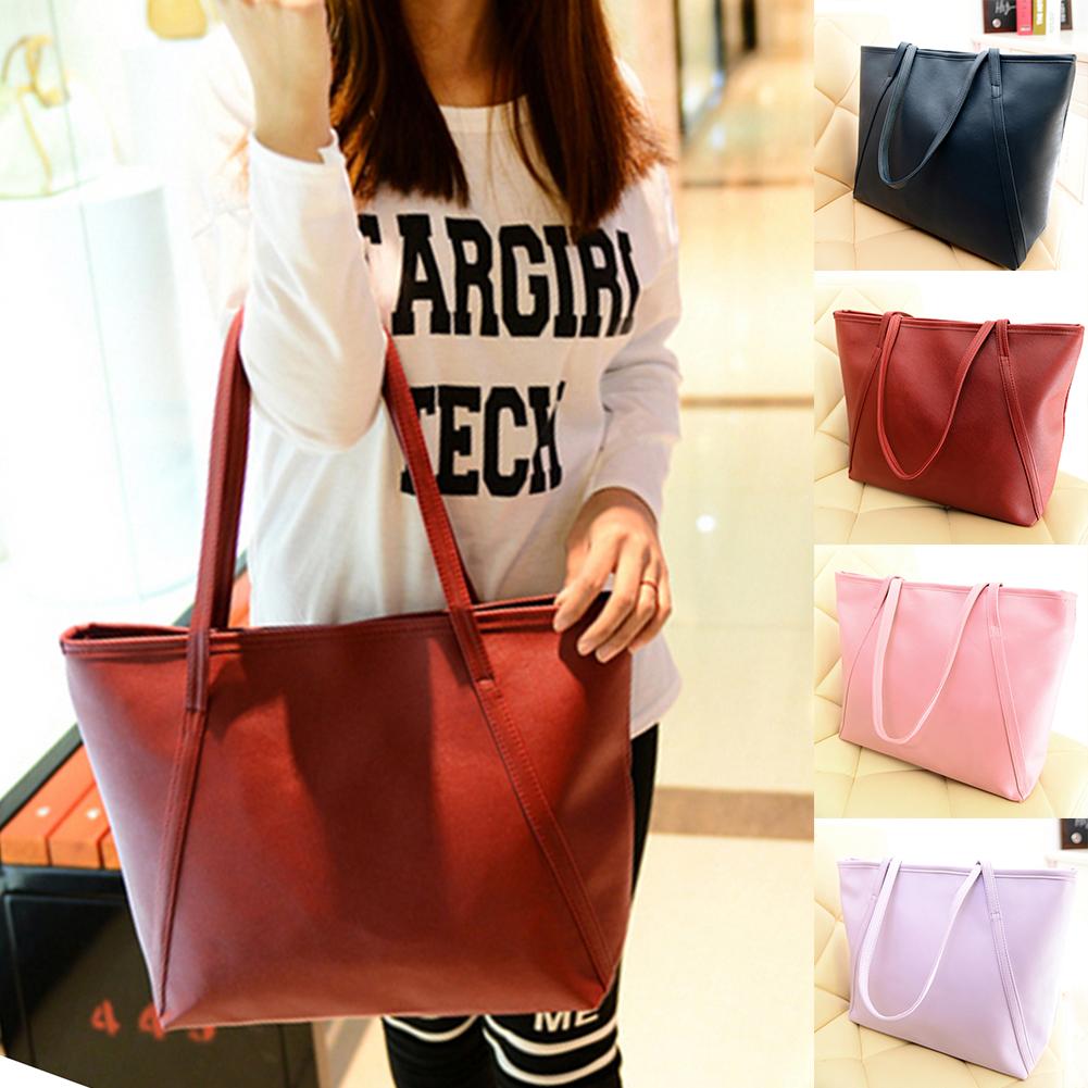 Women Business Faux Leather Handbag Solid Color Travel Tote Bag Zipper Large Capacity Fashion Shoulder Bag