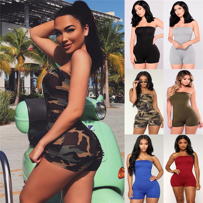 Sexy Women Casual Sleeveless Romper Jumpsuit Clubwear Playsuit Off Shoulder Strapless Print Camouflage Short Pants Rompers