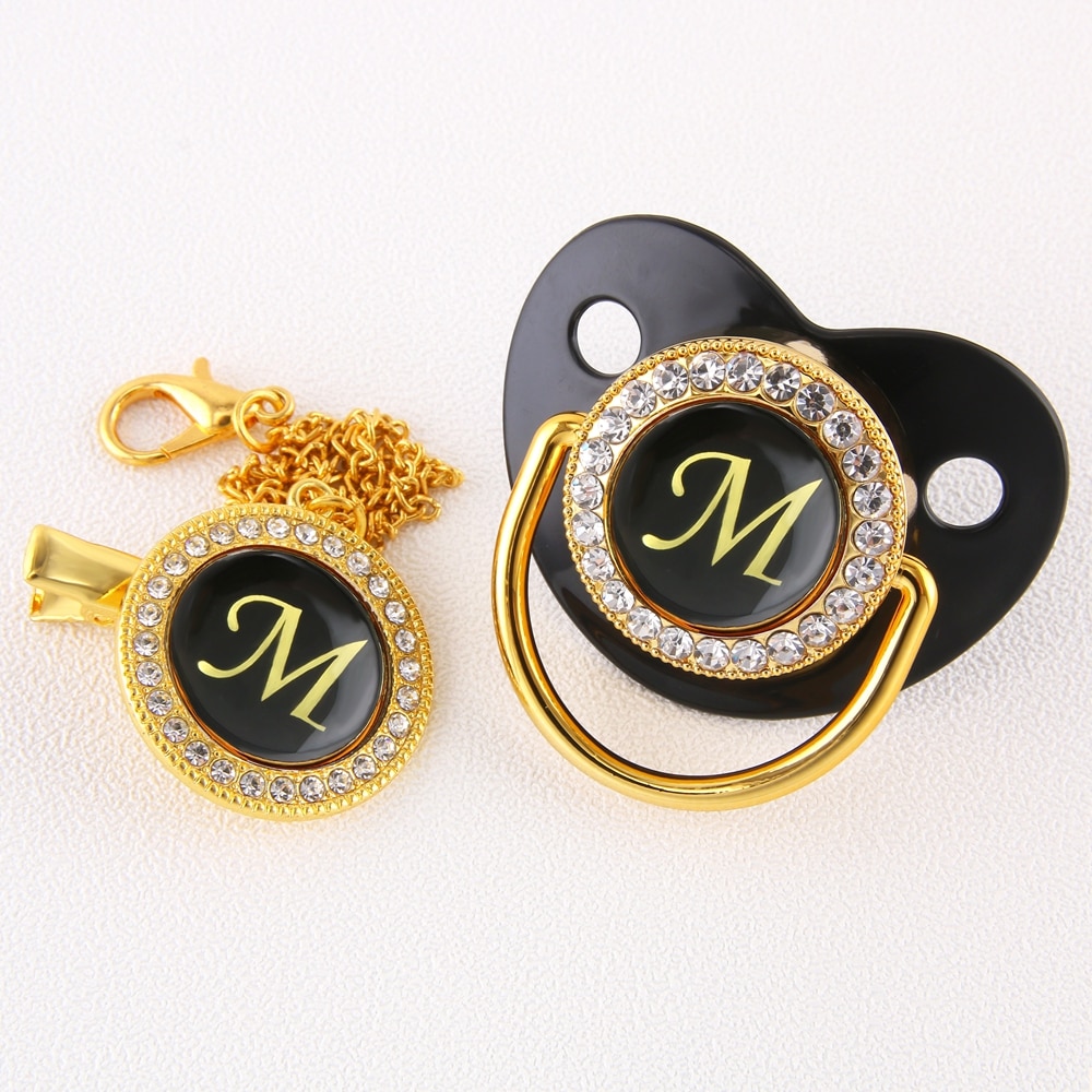 Luxury Black Bling Baby Pacifier And Clip Alphabet Letter M Infant Pacifier Gold Letter Unique 26 Name Initials Baby Shower Gift