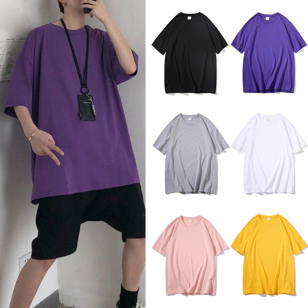 Summer Unisex Streetwear Casual Solid Color Top O Neck Short Sleeve Plus Size Base Couple Outfit Shirt