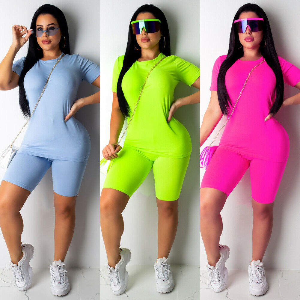 Fitness Tracksuit Women Sport Set Gym Neon T-shirt Tops Shorts Workout Clothes Summer Outfit Female Ladies Casual 2 Piece Set