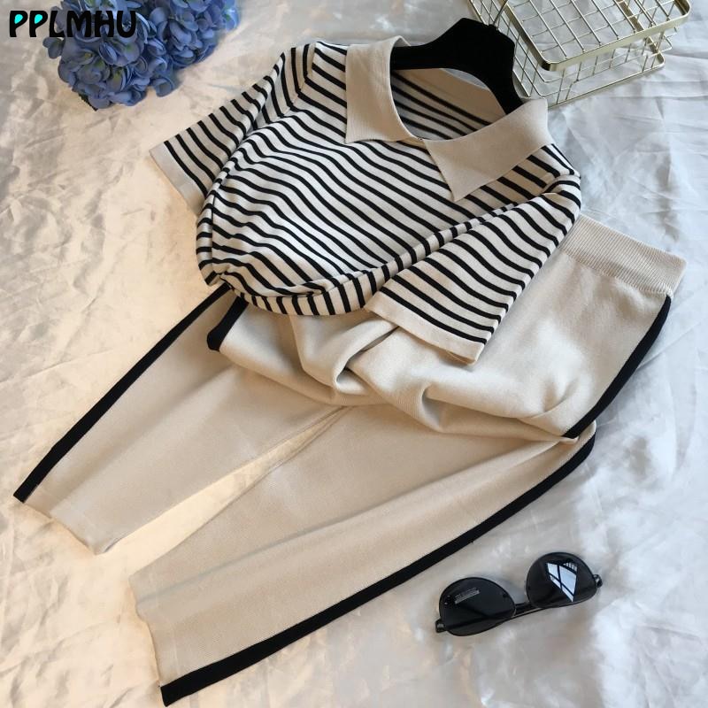 Fashion Stripe Patchwork Knitted Two Peice Set Women Turn-Down Collar Short Sleeve T-shirt+Ankle-Length Pants Casual Tracksuit