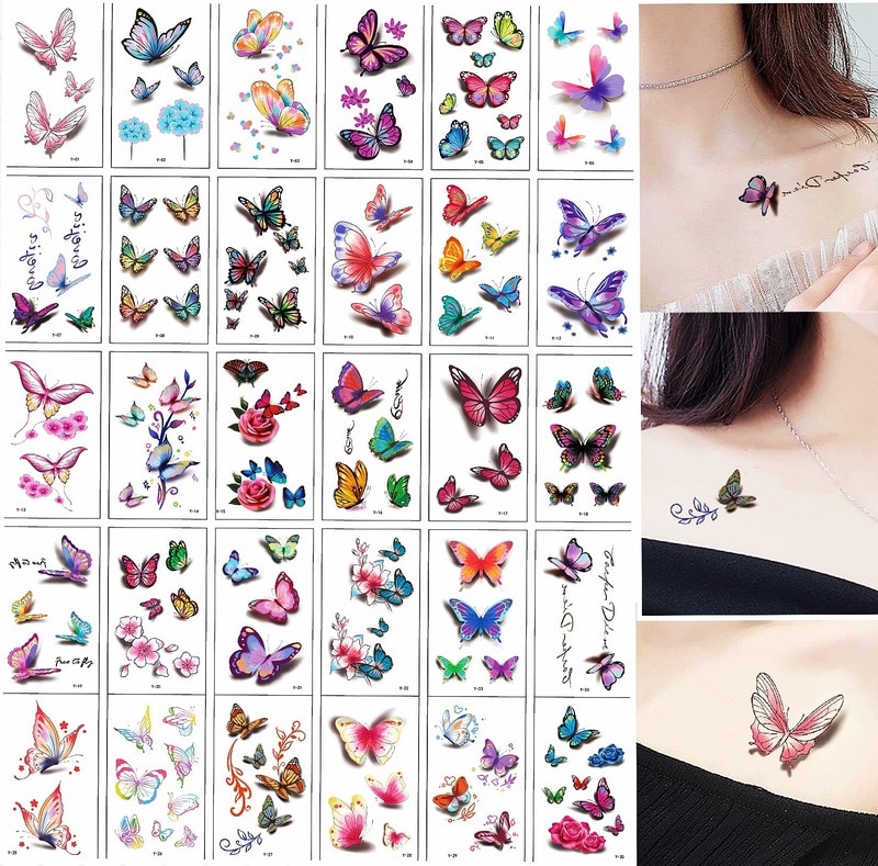 30pcs Sexy 3D Butterfly Temporary Tattoo Sticker Women Girl Waterproof Body Art Fake Flower Tattoo Sticker Tatuajes Temporales