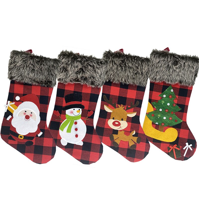 Funny Plaid Christmas Stocking Pendant Cartoon Elk/Tree/Snowman/Santa Claus Socks Ornaments Christmas Decoration for Home