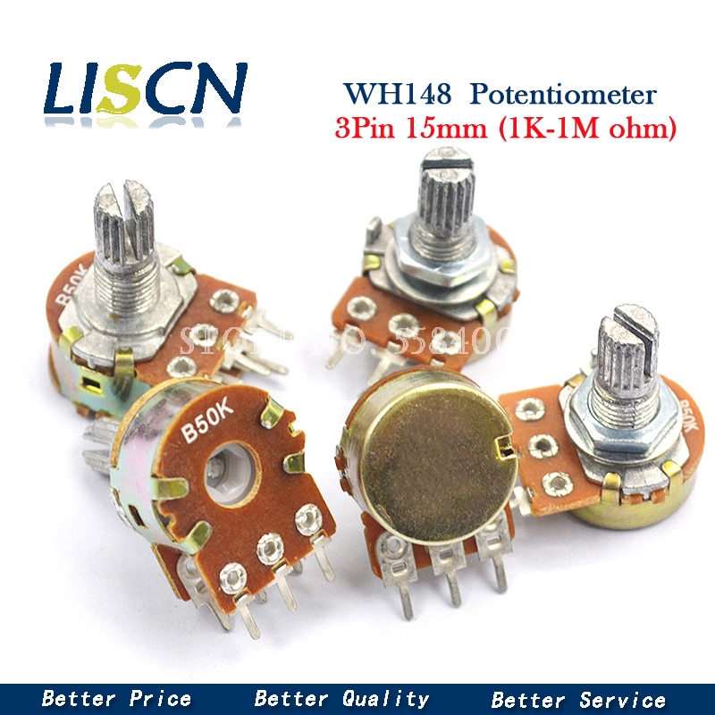 5pcs WH148 B1K B2K B5K B10K B20K B50K B100K B500K 3Pin 15mm Shaft Amplifier Dual Stereo Potentiometer 1K 2K 5K 10K 50K 100K 500K