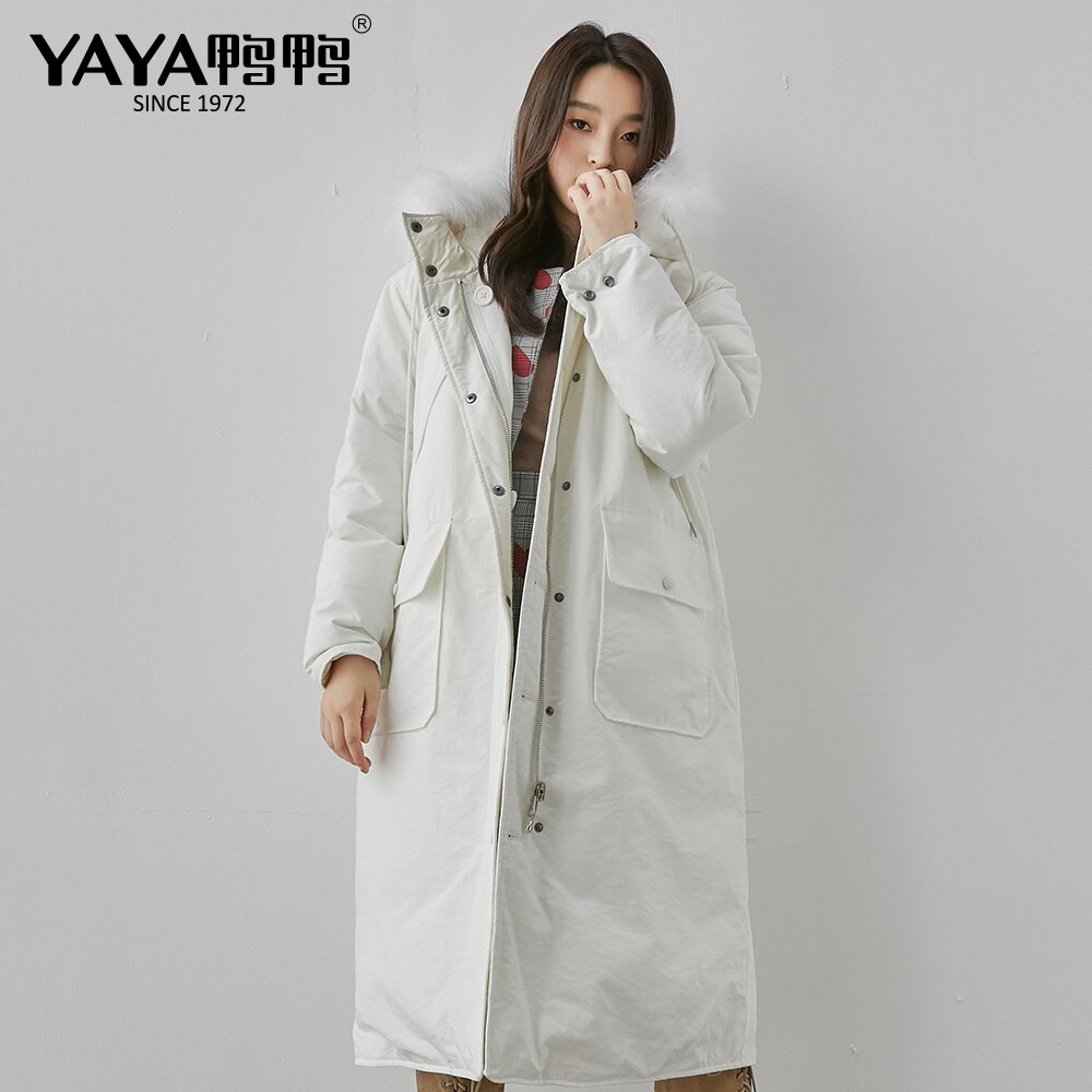 YAYA 2020 Winter Women's Double Faced High Quality Down Jacket Extended Thicken Hooded Warm Curved Real Fur Collar Warm Coat