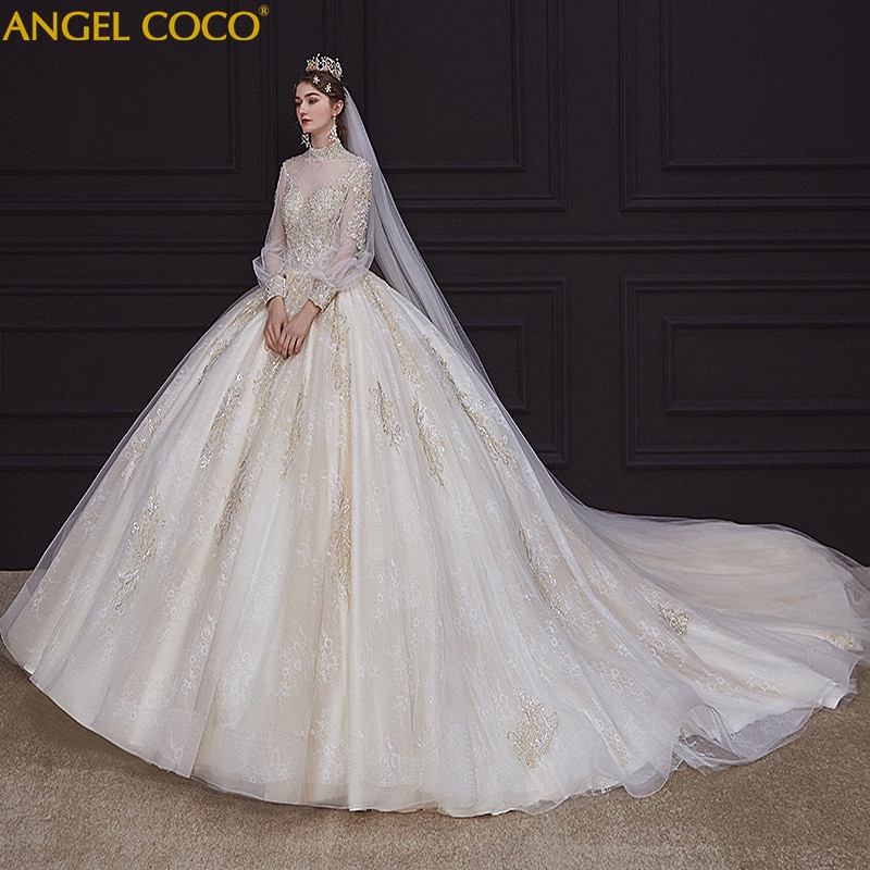 Gorgeous Luxury Long Sleeve Ball Gown Wedding Dresses Alibaba China Beading Appliques Lace 2020 Pearls Bridal Gowns Chapel Train