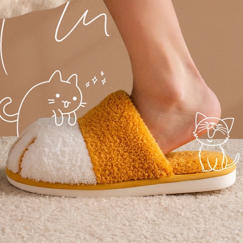 Winter House Warm Fur Slipers For Women Cute Cat paw Designer Bedroom Warm Plush Shoes Non-slip Indoor Women Furry Slippers