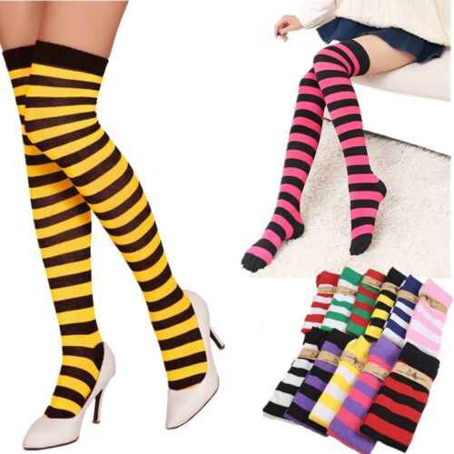 1Pair New Women Girls Over Knee Long Stripe Printed Thigh High Striped Patterned Socks 11 Colors Sweet Cute Warm Wholesale Lot