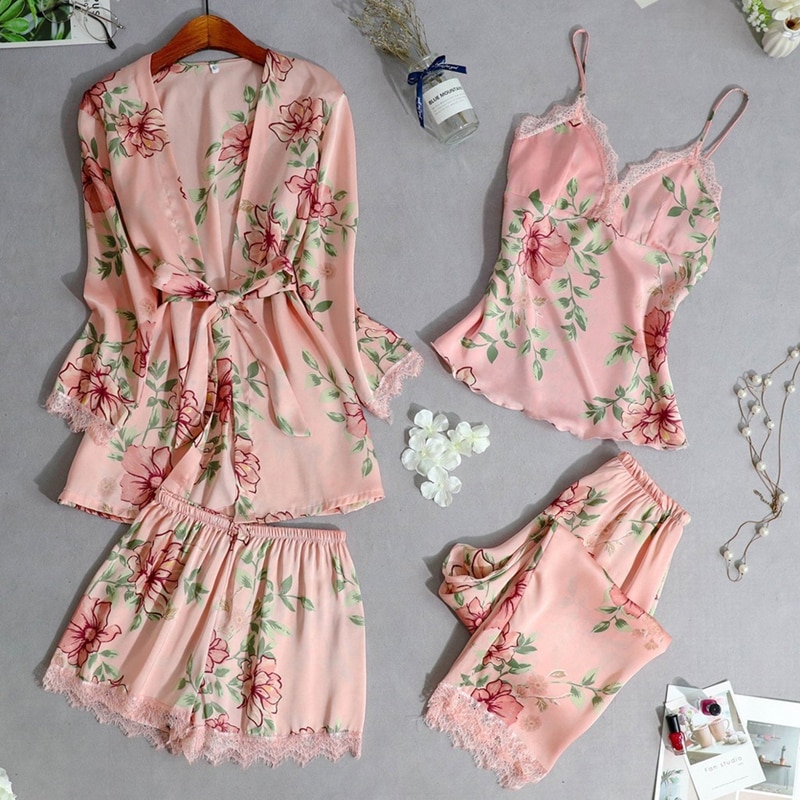 Women Floral Pajamas Sets Sexy Lace Tops + Shorts +Robe Sleepwear Sets Casual Ladies Flower Homewear Summer Spring Thin Set