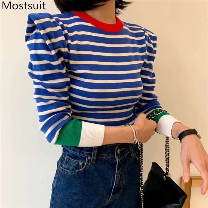 Korean Striped Color-blocked Knitted Sweaters Pullovers 2020 Autumn Winter Long Sleeve O-neck Tops Casual Fashion Ladies Jumpers