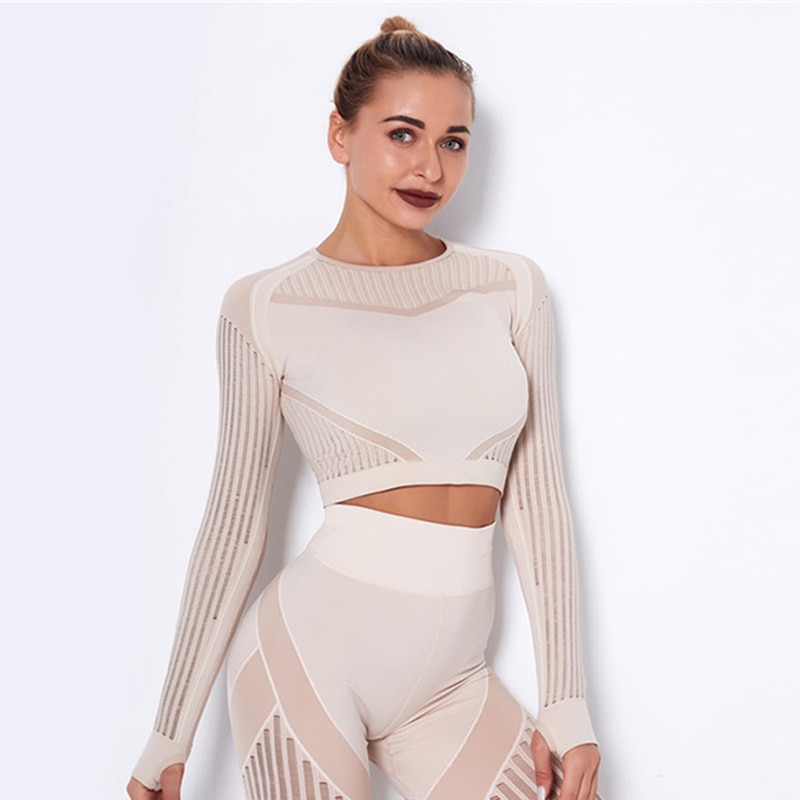 Hollow Out Sports Shirts Seamless Crop Tops Long Sleeve Fitness Yoga Shirts Gym Workout Sports Tops Fitness Sports Tops Women