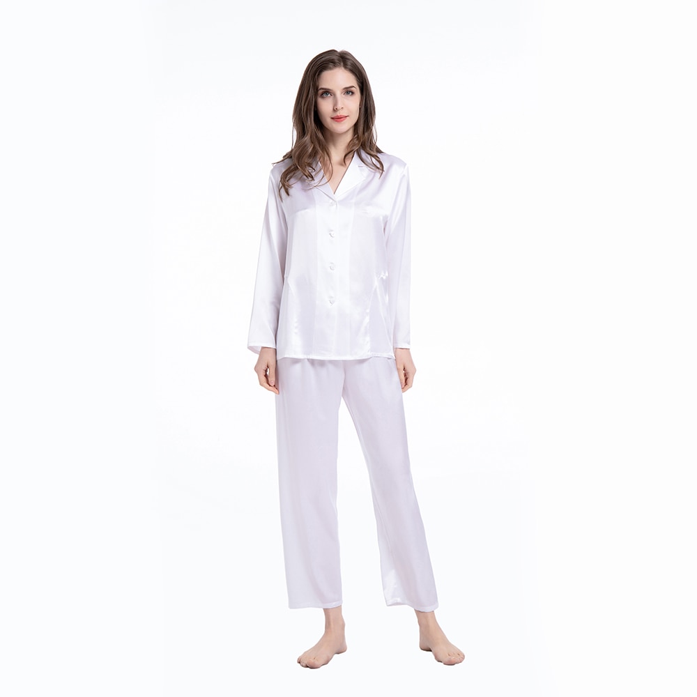 Women’s Clothing Mulberry Silk Pajama Set Long Full Length Ladies 19 Momme 100% Real Silk 2pc Pajama Set With Button Front
