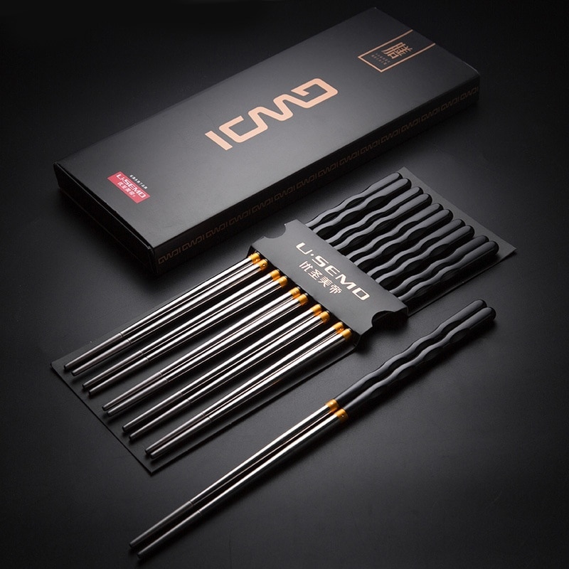 Visual Touch 5pcs Set Pack Non-Slip Stainless Steel Chopsticks Reusable Tableware Dinning Japanese Chopstick Sushi Food Sticks