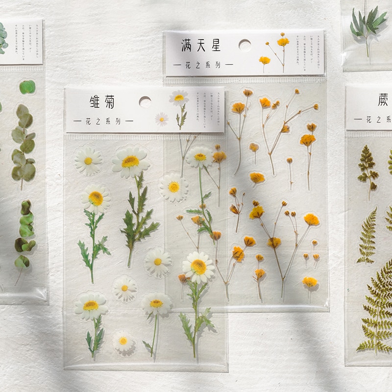 12 Designs Natural Daisy Clover Japanese Words Stickers Transparent PET Material Flowers Leaves Plants Deco Sticker aesthetic